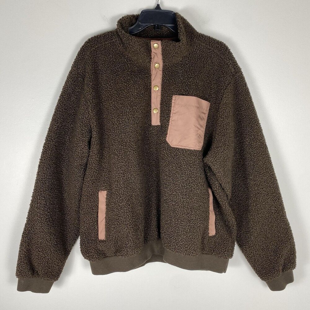 Lands End Mens XL Teddy Sherpa Fleece Snap Pullover Sweater Brown Outerwear